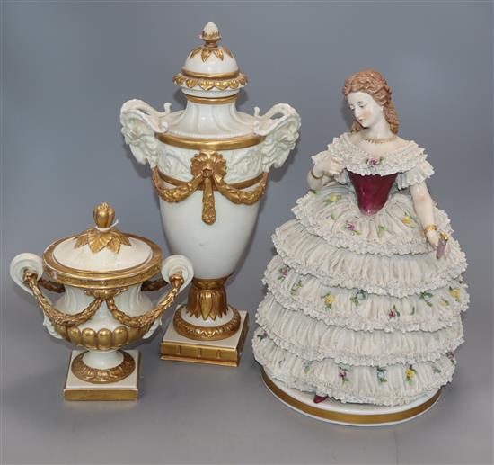 A Crown Naples crinoline figure and vases and covers, early 20th century, tallest 33cm